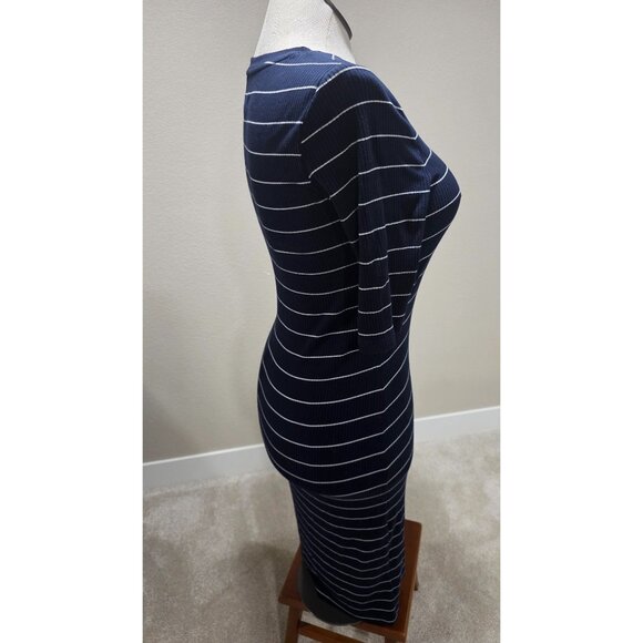 Navy & White Striped Fitted Ribbed Knit Dress With 3/4 Sleeves & Round Neckline - Picture 5 of 8